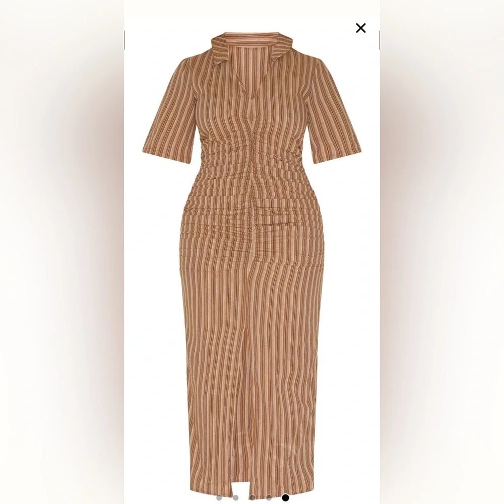 PrettyLittleThing Brown Striped Ruched Front Collared Split Front Maxi Dress